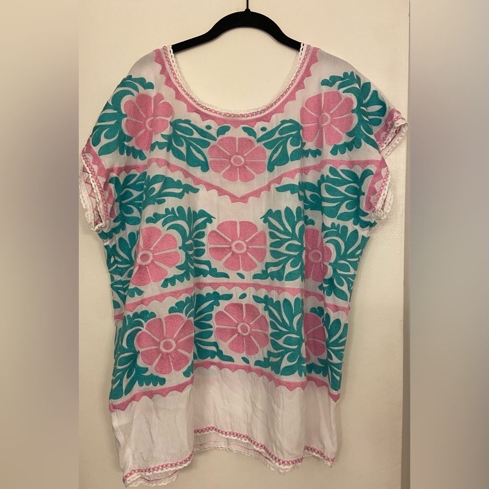 J. Marie Pink Flower Embroidered Short Sleeve Blouse Size Large